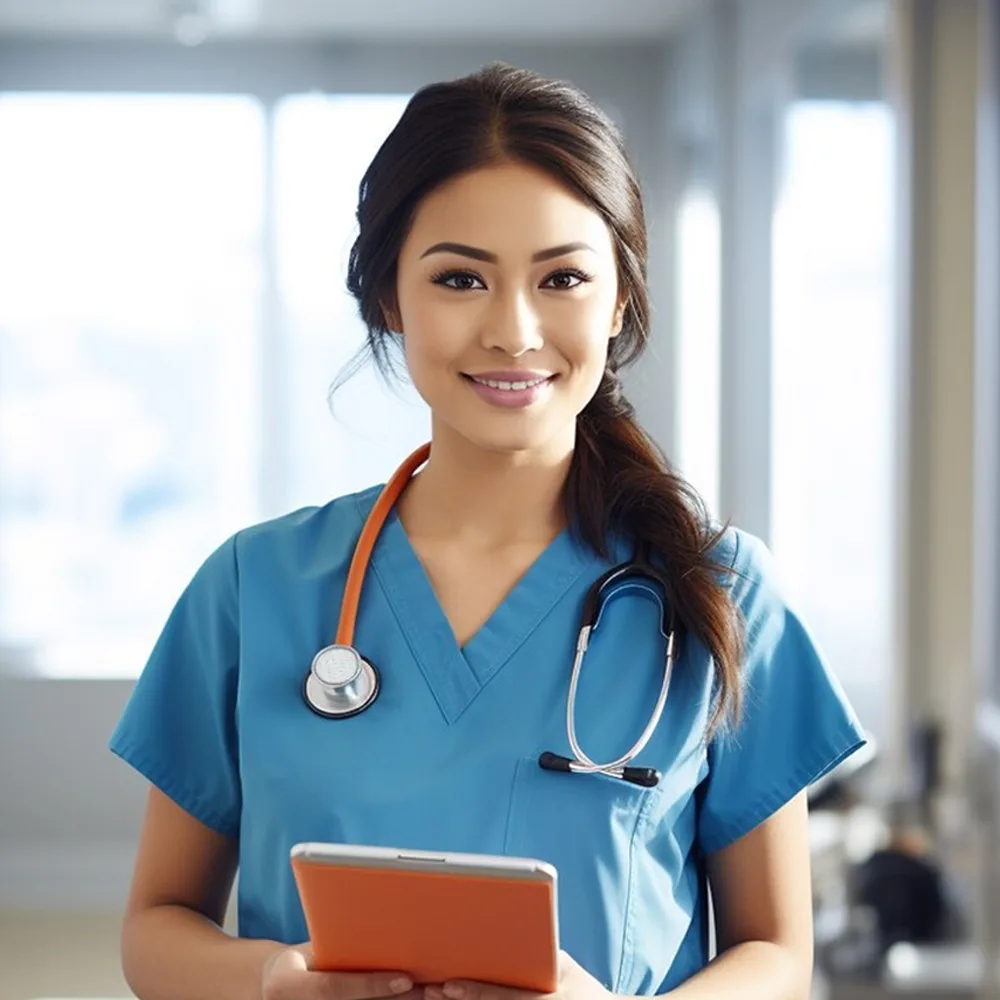 Dental professional in scrubs holding a tablet in the clinic